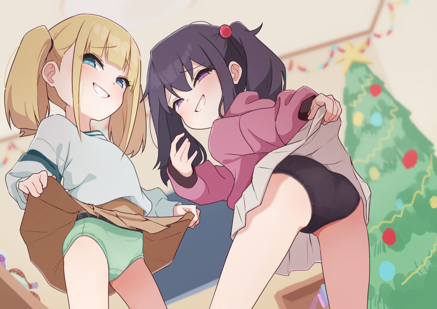 2girls black_hair blonde_hair blue_eyes christmas christmas_tree clothes_lift from_below hair_ornament highres himitsu_ni_shitoite_ageru hood hoodie light_blush loli long_bangs looking_at_viewer multiple_girls naughty_face original purple_eyes skirt skirt_lift smile twintails