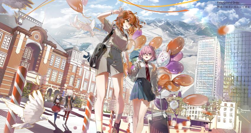 1boy 5girls absurdres ankle_socks ascot backpack badge bag balloon bikini bird black_jacket blue_bow blue_gloves blue_pantyhose blue_skirt boots bow brown_hair building chaldea_logo cloud cloudy_sky commentary_request copyright_name dove dress english_text fate/grand_order fate_(series) feijiu floating_hair fujimaru_ritsuka_(female) full_body glasses gloves grey_shorts hair_over_one_eye hat highres holding_hands jacket jewelry lace-up_boots leonardo_da_vinci_(fate) leonardo_da_vinci_(fate/grand_order) leonardo_da_vinci_(rider)_(fate) locket long_hair long_sleeves looking_at_another mash_kyrielight mountain mountainous_horizon multiple_girls necktie nemo_(fate) off-shoulder_bikini off_shoulder olga_marie_animusphere orange_hair orange_pantyhose pantyhose pendant purple_hair red_ascot red_dress red_necktie rolling_suitcase saint_quartz_(fate) shadow shirt short_hair short_sleeves shorts single_sidelock sion_eltnam_(type-moon) sion_eltnam_sokaris skirt sky smile socks suitcase sunlight swimsuit turban walking waving white_hair white_shirt white_skirt white_socks wide_shot yellow_eyes
