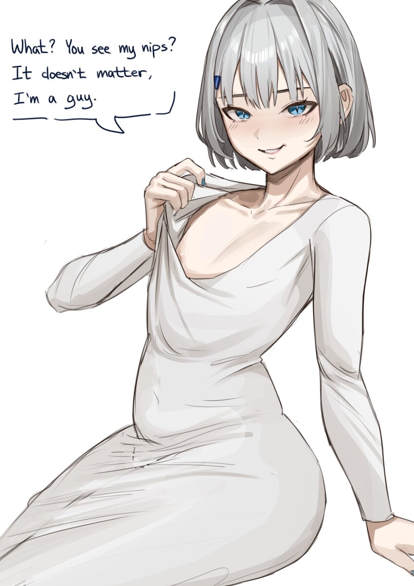 1boy absurdres blue_eyes boros_(ouro_kronii) collarbone commentary crossdressing crossdressing_(mtf) dress english_commentary english_text highres hololive hololive_english long_sleeves nipple_slip nipples parted_lips personification simple_background slit_pupils smile solo tanukidraws trap virtual_youtuber white_background white_dress white_hair