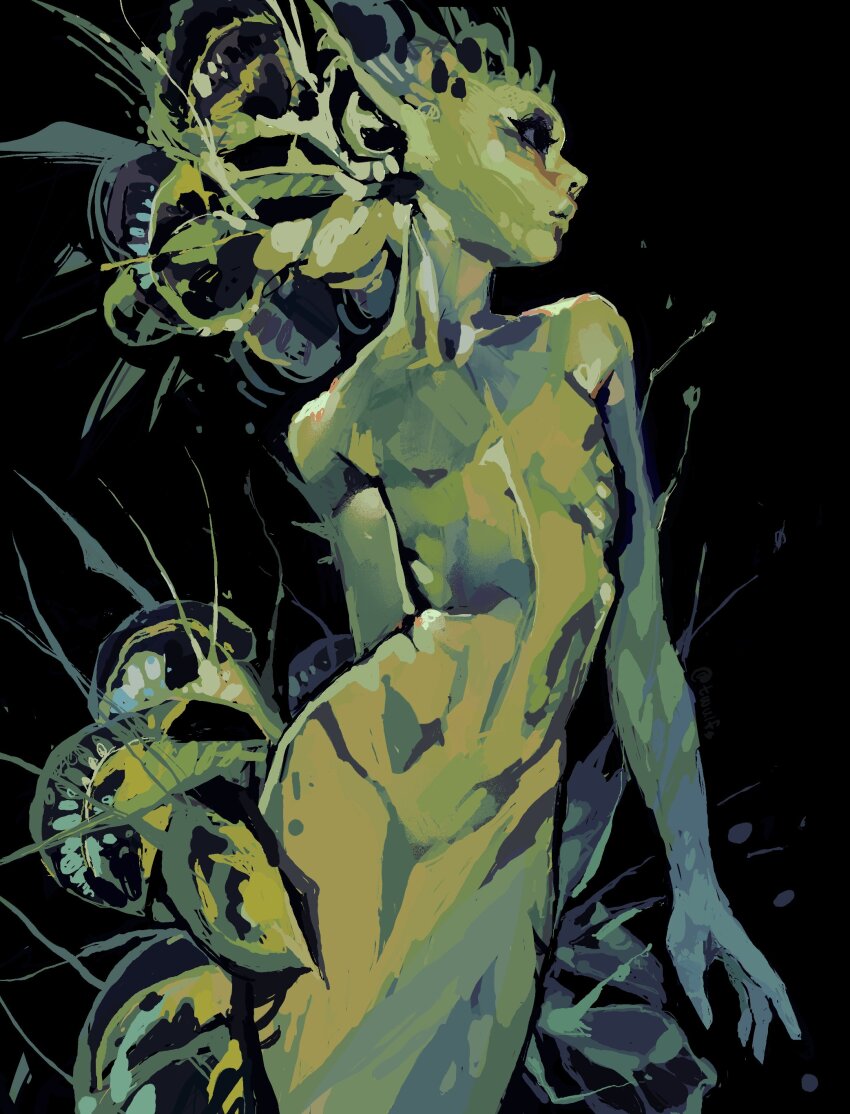 1girl absurdres arm_behind_back black_background black_eyeshadow colored_skin eyeshadow facing_away green_skin green_theme hair_bun highres makeup mermaid monster_girl nude original outstretched_arm painterly plant_hair pointy_ears ribs simple_background solo twulfs