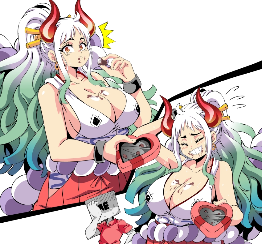 1girl 1other artist_self-insert blush box breasts closed_eyes green_hair heart-shaped_box highres horns japanese_clothes kimono large_breasts lewdamone looking_at_viewer multicolored_hair multicolored_horns multiple_views one_piece shiny_skin simple_background sleeveless sleeveless_kimono valentine white_background white_hair yamato_(one_piece)