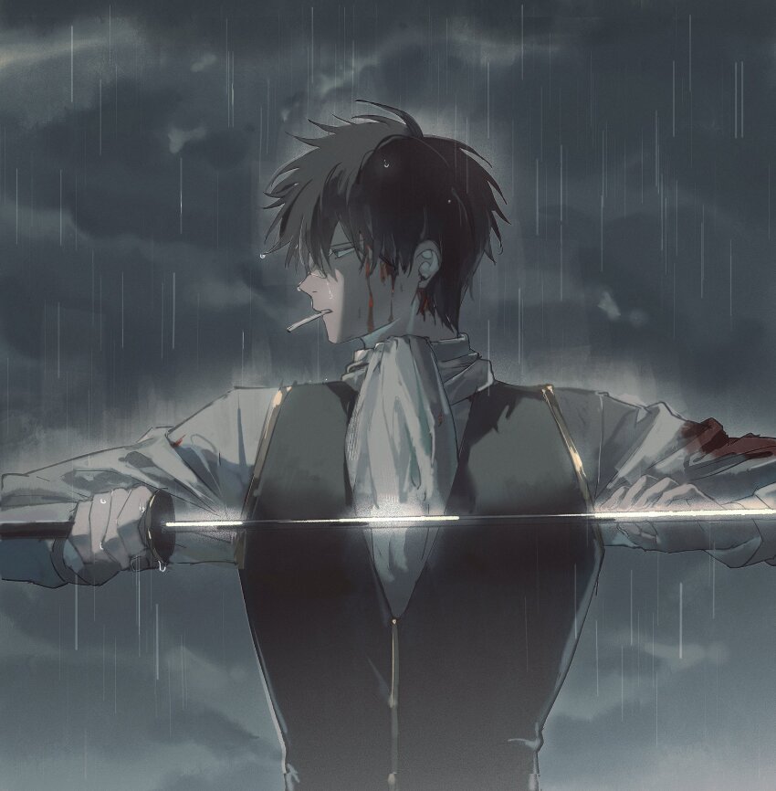 1boy absurdres arms_up ascot black_hair blood blood_on_clothes blood_on_face cigarette cloud cloudy_sky gintama hashtag-only_commentary highres hijikata_toushirou holding holding_sword holding_weapon injury katana long_sleeves male_focus outdoors parted_bangs profile rain shinsengumi_(gintama) shirt sky smoking solo sword upper_body vest weapon white_ascot white_shirt xianyu_tuitui