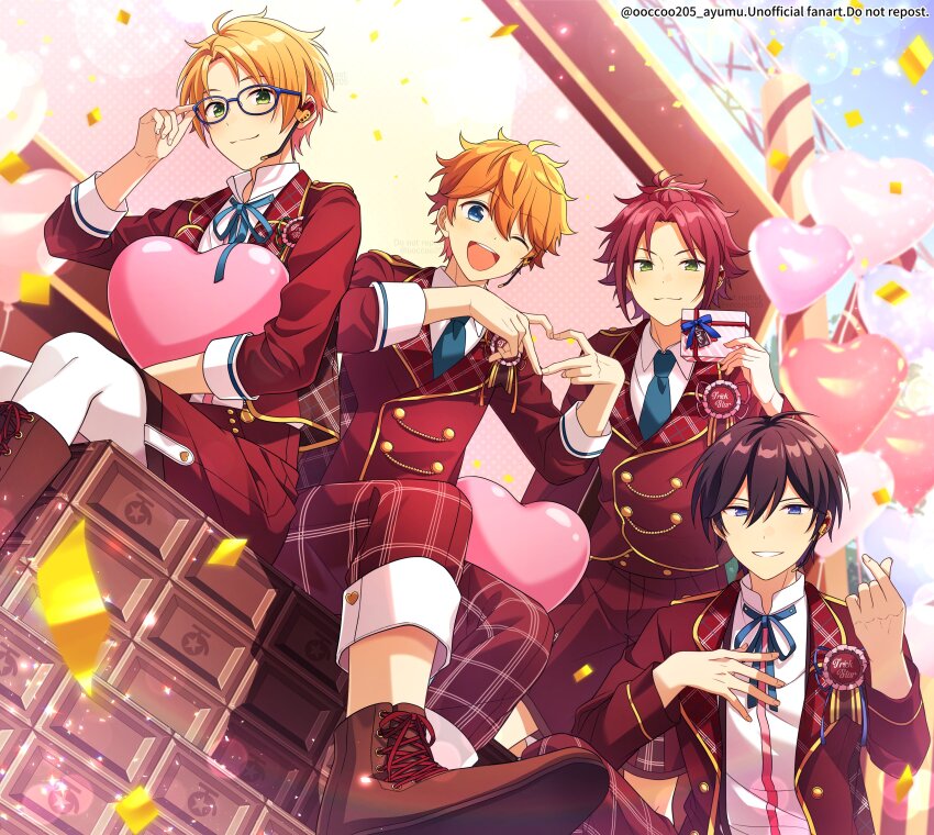 4boys absurdres adjusting_eyewear akehoshi_subaru balloon black_hair blonde_hair blue-framed_eyewear blue_eyes blue_sky blurry bokeh boots box brown_boots closed_mouth confetti depth_of_field ensemble_stars! finger_heart four-finger_heart_hands gift gift_box glasses green_eyes hair_between_eyes heart heart_balloon heart_hands hidaka_hokuto highres holding holding_balloon holding_gift isara_mao jacket long_sleeves mikawa_ayumu multiple_boys one_eye_closed open_clothes open_jacket open_mouth orange_hair pants pinned red_hair red_jacket red_pants short_hair sitting sky smile speech_bubble stage trickstar_(ensemble_stars!) yuuki_makoto_(ensemble_stars!)