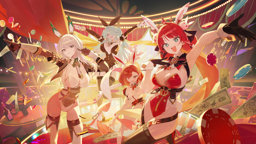 4girls animal_ears arm_up armpits arms_up bare_shoulders black_gloves black_leotard black_survival black_thighhighs blue_eyes boots bow bowtie braid breasts brooch brown_jacket brown_thighhighs chest_harness chiara_(black_survival) cleavage closed_eyes coin covered_navel cropped_jacket detached_collar detached_sleeves double_bun eternal_return:_black_survival fake_animal_ears fake_tail garter_straps gloves grey_eyes grin hair_bun hair_over_one_eye hair_ribbon hairband hand_up harness haze_(black_survival) high_heels highleg highleg_leotard highres indoors jacket jewelry justyna_(black_survival) large_breasts leg_up leotard long_hair long_sleeves looking_at_viewer modare money multiple_girls necktie official_alternate_costume official_art open_mouth outstretched_arm outstretched_arms partially_unzipped playboy_bunny poker_chip rabbit_ears rabbit_tail red_eyes red_hair red_leotard red_sandals ribbon sandals sash second-party_source see-through_clothes see-through_leotard short_necktie side-tie_leotard smile sparkling_eyes strapless strapless_leotard swept_bangs tail thigh_boots thighhighs thighs tran_quynh_mai two_side_up v-shaped_eyebrows white_boots white_hair white_hairband white_leotard white_sash wrist_cuffs zipper zipper_leotard