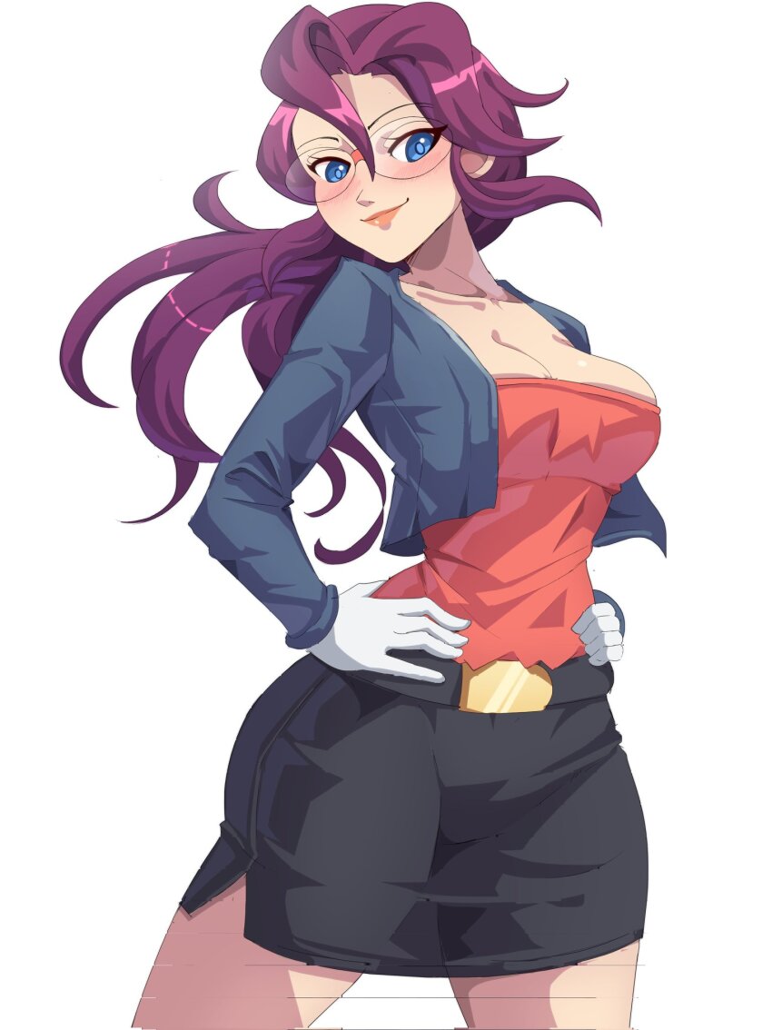 1girl belt blue_eyes blush breasts cleavage cropped_jacket exceedxatu glasses hands_on_own_hips jacket large_breasts lips long_hair long_sleeves lorelei_(pokemon) nintendo pokemon pokemon_(anime) pokemon_(classic_anime) purple_hair skirt white_background