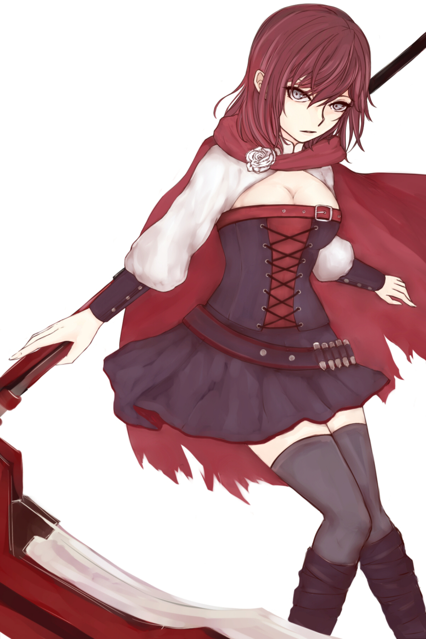 1girl belt black_boots black_dress black_thighhighs boots breasts buckle cape cleavage commentary corset dress english_commentary flower grey_eyes hair_between_eyes highres holding holding_weapon knee_boots long_sleeves looking_at_viewer medium_breasts medium_hair miniskirt polearm puffy_sleeves red_cape red_hair rose ruby_rose rwby scythe shio_(k-193) short_hair shrug_(clothing) simple_background skirt solo standing thighhighs torn_cape torn_clothes weapon white_background white_flower white_rose white_shrug zettai_ryouiki