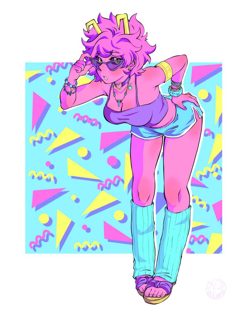 1girl abstract_background absurdres adjusting_eyewear alternate_costume aqua_leg_warmers aqua_shorts armlet ashido_mina bare_shoulders bent_over blush boku_no_hero_academia bracelet breasts choker cleavage colored_sclera colored_skin commentary english_commentary eyelashes fingernails full_body hand_on_own_ass heart heart_choker highres horns jewelry leg_warmers merchandise_available midriff multiple_bracelets necklace pink_hair pink_skin purple-framed_eyewear purple-tinted_eyewear purple_choker purple_sclera purple_tank_top saekimichi sandals short_hair shorts solo sunglasses tank_top tinted_eyewear toenails toes yellow_eyes yellow_sandals