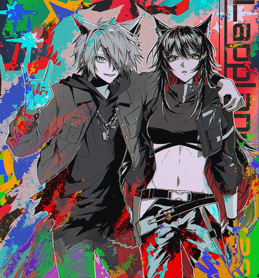 2girls \n/ ambience_synesthesia animal_ears ara_200117 arknights arms_at_sides belt black_belt black_gloves black_hair black_hoodie black_jacket black_nails black_pants black_shirt bracelet breasts character_name clothing_cutout colored_inner_hair commentary crop_top cropped_jacket cropped_shirt dog_tags gloves grey_eyes grey_hair grey_jacket grey_tail grin groin hair_between_eyes hair_ornament hair_over_one_eye hairclip hand_on_another's_shoulder highres hip_vent hood hood_down hoodie jacket jacket_over_hoodie jewelry lappland_(ambience_synesthesia)_(arknights) lappland_(arknights) large_breasts latex_pants long_hair long_sleeves looking_at_viewer midriff multicolored_hair multiple_girls navel official_alternate_costume open_clothes open_jacket open_mouth pants parted_lips partially_fingerless_gloves red_hair scar scar_across_eye scar_on_face shirt short_hair sidelocks smile spiked_bracelet spikes symbol-only_commentary tail texas_(ambience_synesthesia)_(arknights) texas_(arknights) tomboy torn_clothes torn_hoodie wolf_ears wolf_girl wolf_tail