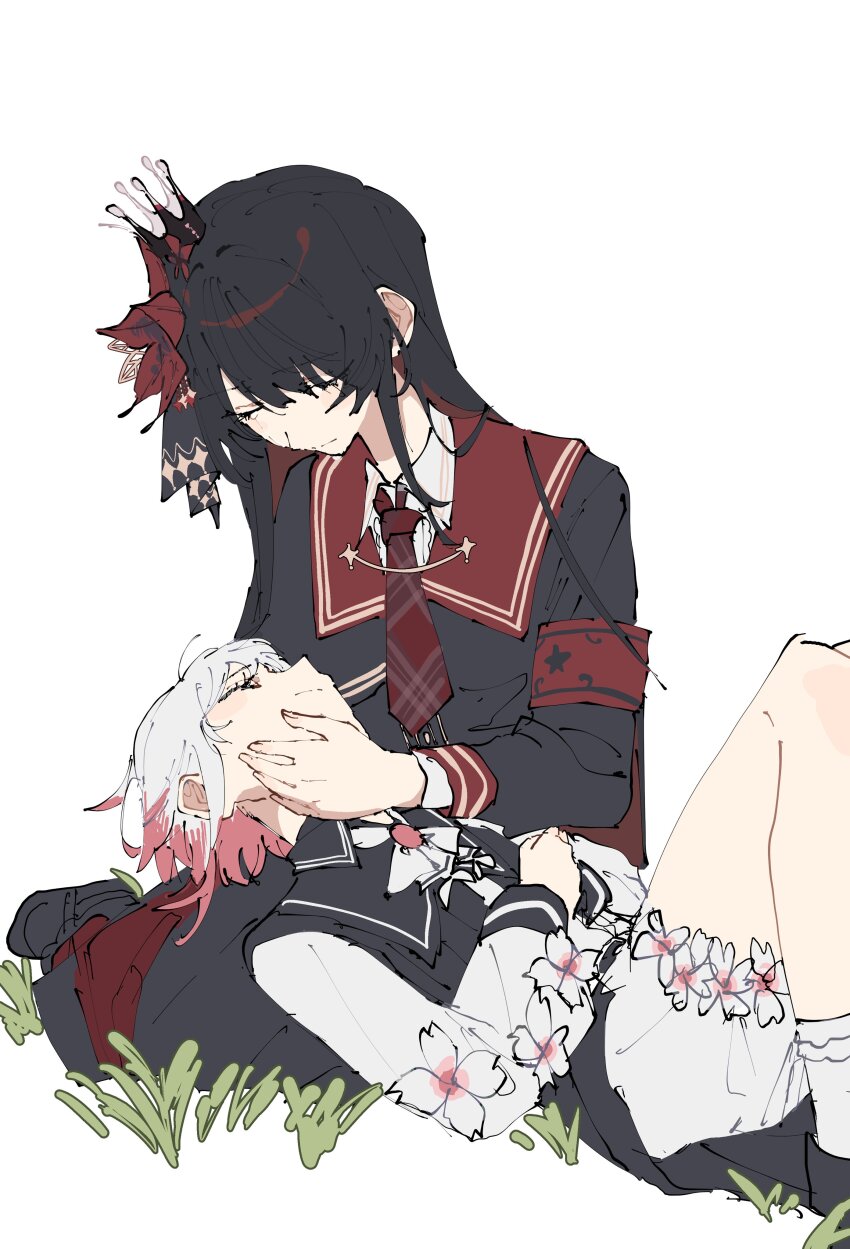 2girls absurdres aiu_ryo armband black_dress black_hair bow bowtie brooch closed_eyes closed_mouth collared_dress collared_shirt commentary_request crown crying dress facing_another flower gradient_hair grass hair_flower hair_ornament hand_on_another's_head hands_on_own_chest highres jewelry knees_up lap_pillow long_hair long_sleeves lying lying_on_lap mahou_shoujo_no_majo_saiban mini_crown multicolored_hair multiple_girls necktie nikaido_hiro on_back pink_hair red_armband red_flower red_necktie red_sailor_collar sailor_collar sakuraba_ema shirt short_hair shorts sitting sleeveless sleeveless_dress socks straight_hair tears white_background white_bow white_bowtie white_flower white_hair white_shirt white_shorts white_socks yokozuwari yuri