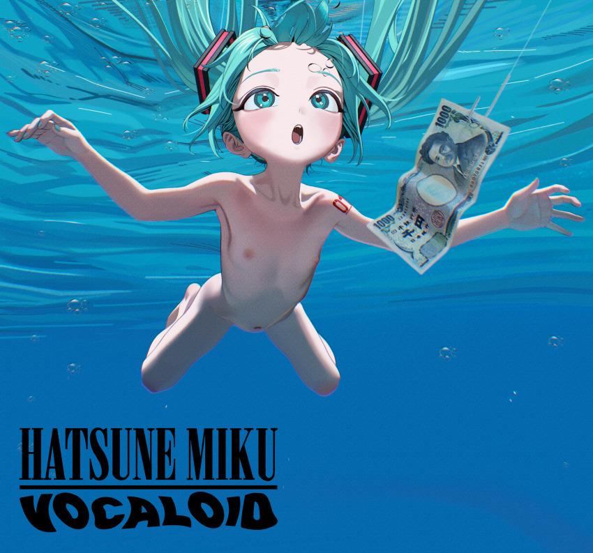 1girl album_cover blue_eyes blue_hair blue_nails character_name collarbone completely_nude copyright_name cover film_grain flat_chest full_body hatsune_miku highres kingrun loli money navel nevermind nipples nirvana_(band) nude revision solo twintails underwater vocaloid yen