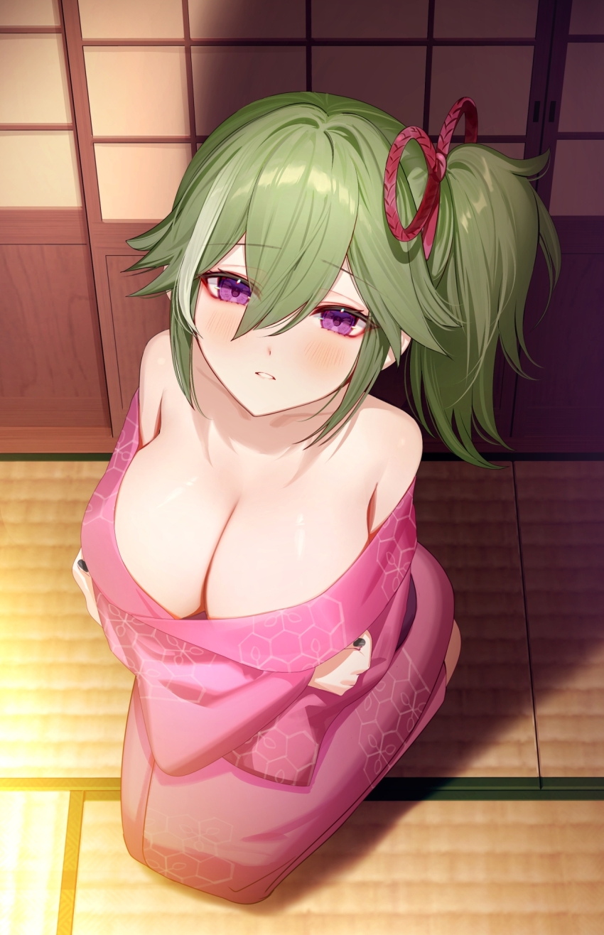 1girl alternate_breast_size_(larger) arms_under_breasts black_nails blush breasts commentary_request fingernails from_above genshin_impact green_hair hair_between_eyes highres japanese_clothes kimono kuki_shinobu large_breasts long_hair looking_at_viewer multicolored_hair nail_polish parted_lips purple_eyes purple_kimono seiza side_ponytail sitting solo streaked_hair syandega tatami