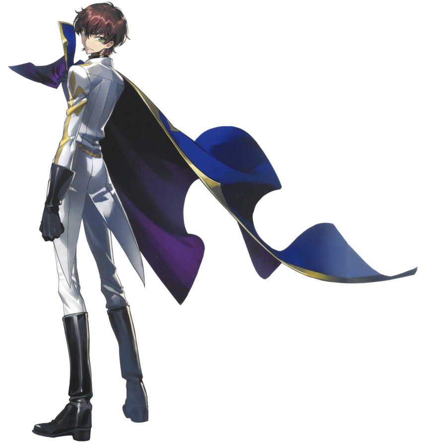 1boy adjusting_cape adjusting_clothes arm_at_side black_gloves black_shirt blue_cape cape closed_mouth coat code_geass code_geass:_genesic_re;code cropped_torso full_body gloves gold_trim green_eyes hand_up high_collar highres jacket knights_of_the_round_uniform kururugi_suzaku long_sleeves looking_at_viewer looking_back male_focus military_uniform official_art serious shirt sidelocks simple_background solo standing transparent_background two-sided_cape two-sided_fabric upper_body v-shaped_eyebrows white_coat white_jacket