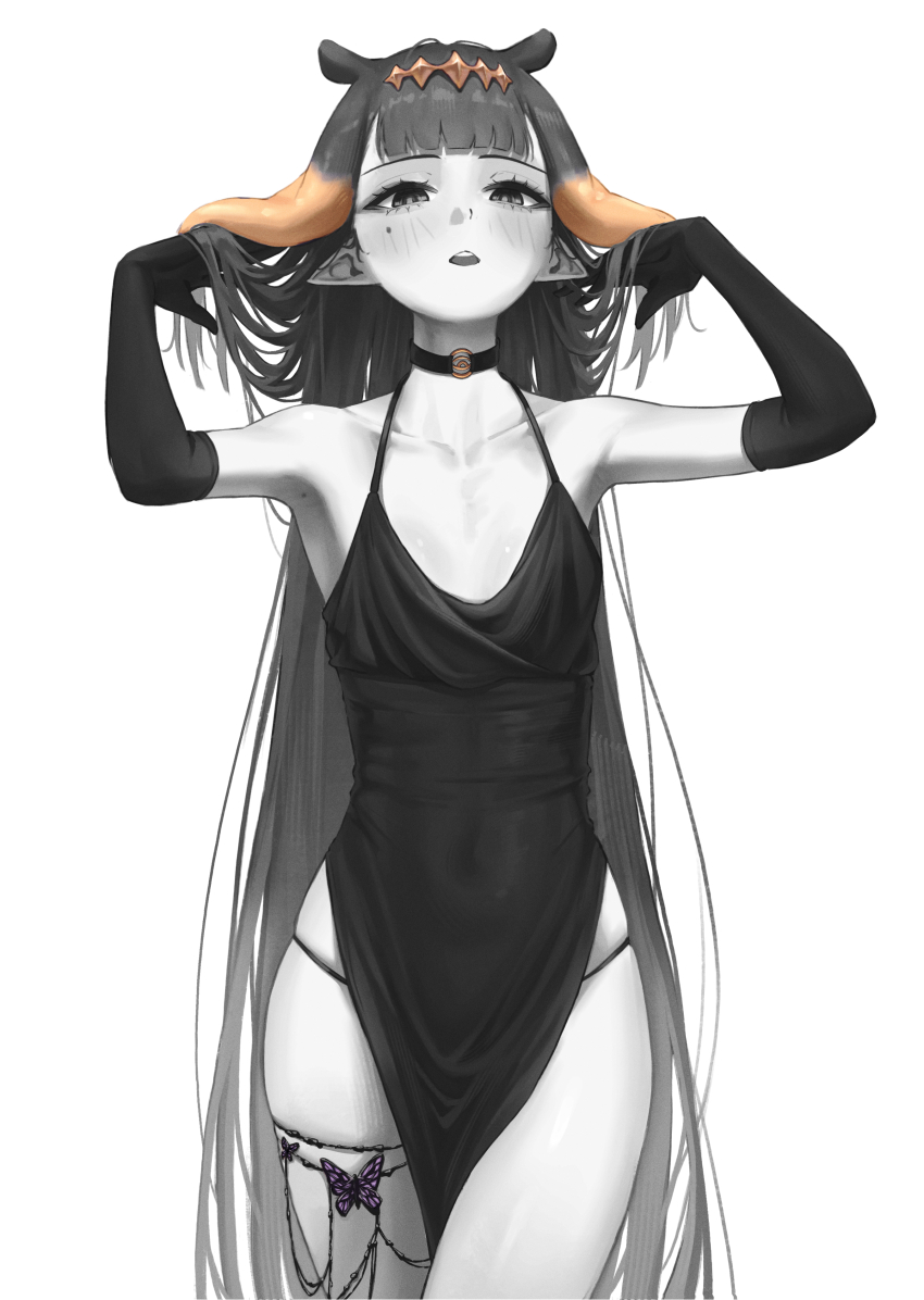 1girl absurdres alternate_costume armpits blunt_bangs center-flap_bangs choker collarbone commentary covered_navel dress elbow_gloves english_commentary flat_chest gloves gradient_hair hands_in_own_hair headpiece highres hololive hololive_english jewelry long_hair mole mole_under_eye multicolored_hair ninomae_ina'nis open_mouth orange_hair panties panty_straps pelvic_curtain pointy_ears samukzz simple_background sleeveless sleeveless_dress solo spaghetti_strap spot_color string_panties teeth tentacle_hair thighlet underwear upper_teeth_only very_long_hair virtual_youtuber