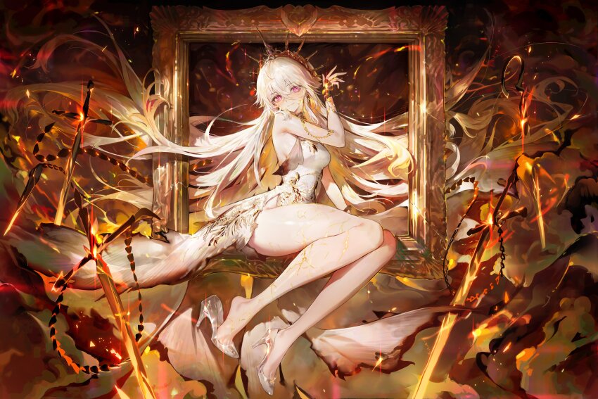 1girl absurdres agoto bare_legs bare_shoulders burn_scar burning burnt_clothes cinderella_(silver_palace) closed_mouth commentary crossed_bangs crown dress empty_picture_frame english_commentary fiery_hair fire glass_slipper hair_between_eyes high_heels highres long_hair looking_at_viewer picture_frame pink_eyes scar silver_palace sitting sleeveless sleeveless_dress solo sword very_long_hair weapon white_dress white_hair