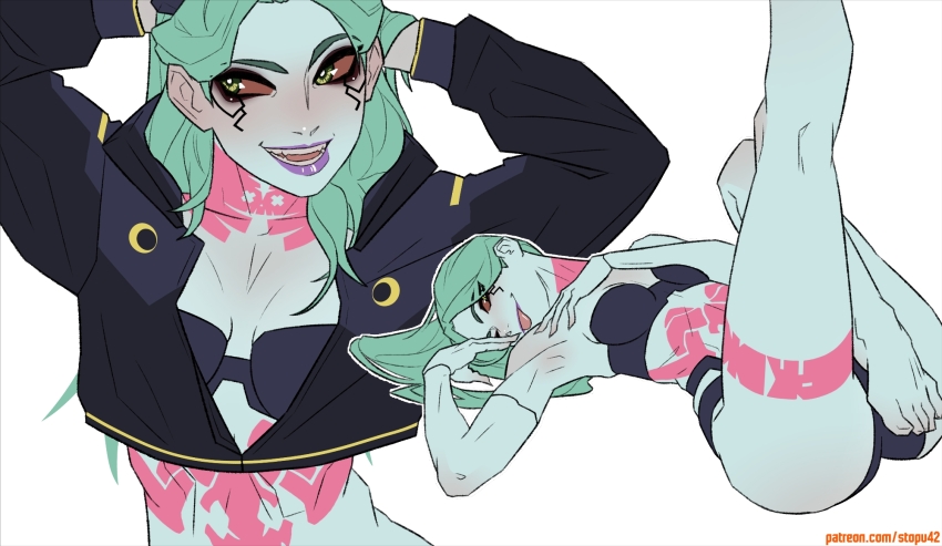 1girl :p aqua_hair aqua_skin arms_behind_back ass black_bra black_eyeliner black_jacket black_panties blush bra breasts bright_pupils brown_sclera collarbone colored_sclera colored_skin cyberpunk:_edgerunners cyberpunk_(series) eyeliner foot_out_of_frame green_eyes hand_over_eye hands_in_own_hair highres jacket leg_tattoo leg_up lips long_hair long_sleeves looking_at_viewer looking_to_the_side lying makeup multiple_views neck_tattoo nose on_back open_mouth outline panties partially_unzipped patreon_username purple_lips rebecca_(cyberpunk) simple_background small_breasts stomach_tattoo stopu tattoo teeth tongue tongue_out underwear upper_body white_background white_outline white_pupils