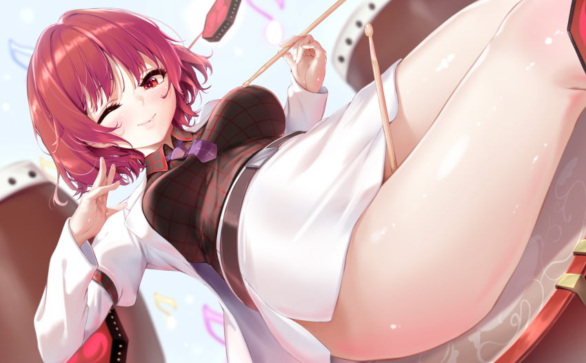 1girl absurdres black_shirt breasts collared_shirt commentary_request commission drum drumsticks dutch_angle highres horikawa_raiko instrument jacket looking_at_viewer medium_breasts miniskirt mitsudomoe_(shape) necktie nironiro one_eye_closed pencil_skirt pixiv_commission purple_necktie red_eyes red_hair shirt short_hair sitting skirt smile taiko_drum tomoe_(symbol) touhou white_jacket white_skirt