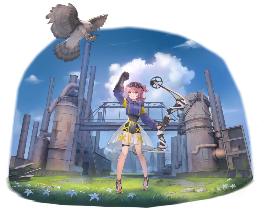 1girl arm_up asymmetrical_gloves bird black_bodysuit black_gloves blue_jacket blush bodysuit bow bow_(weapon) clothing_cutout cloud cloudy_sky compound_bow cost_(kftf4582) covered_navel cropped_jacket factory fingerless_gloves gloves goggles goggles_on_head grass hair_between_eyes holding holding_bow jacket mismatched_gloves mountain original outdoors pink_hair short_hair side_cutout sky smile transparent_skirt twintails weapon yellow_eyes