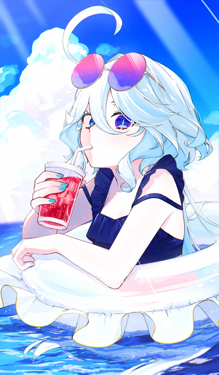 1girl absurdres afloat ahoge blue_eyes blue_hair blue_nails cloud commentary_request drinking drinking_straw drinking_straw_in_mouth eyewear_on_head furina_(genshin_impact) genshin_impact highres long_hair looking_at_viewer outdoors owl_5151 sky solo sunlight swim_ring swimsuit symbol-shaped_pupils twitter_username water