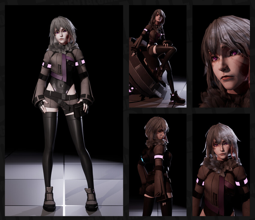 1girl 3d :| armlet ass barcode belt belt_pouch black_thighhighs breasts brown_jacket brown_shoes closed_mouth command_&_conquer command_&_conquer:_red_alert command_&_conquer:_red_alert_2 commission from_behind from_side full_body fur-trimmed_jacket fur_trim hood hood_down jacket jewelry leaning_on_object leotard libra_(mental_omega) lordy_pop machine machinery mental_omega_(mod) multiple_views pale_skin pouch purple_eyes reference_sheet shoes short_shorts shorts small_breasts solo straight-on thighhighs upper_body white_hair