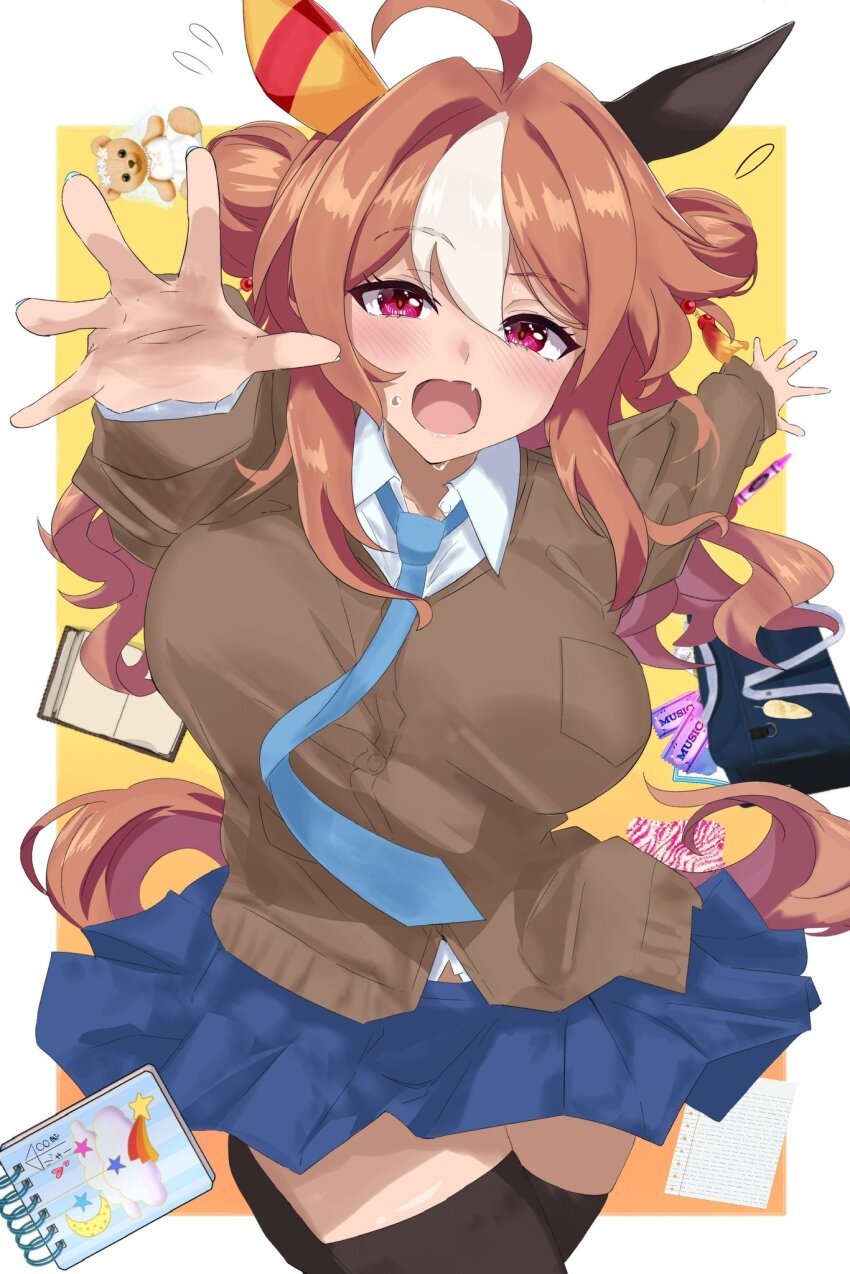 1girl ahoge animal_ears bag black_thighhighs blue_necktie blue_skirt blush breasts brown_cardigan brown_hair cardigan collared_shirt commentary_request copano_rickey_(umamusume) double_bun ear_covers ekazawa_sdvx fang hair_between_eyes hair_bun hair_ornament highres horse_ears horse_girl horse_tail large_breasts long_hair looking_at_viewer mismatched_ear_covers multicolored_hair necktie open_mouth paper purple_eyes school_bag school_uniform shirt skirt solo stuffed_animal stuffed_toy sweat tail tassel tassel_hair_ornament teddy_bear thighhighs umamusume white_hair white_shirt