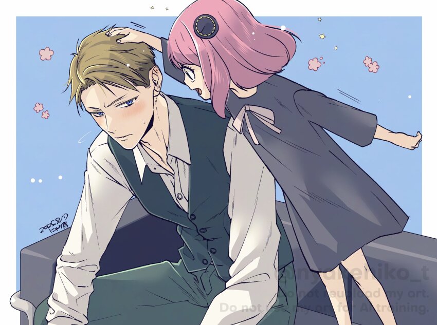 1boy 1girl adoptive_parent_and_adoptive_child anya_(spy_x_family) black_dress blonde_hair blue_background blue_eyes blush border bow child collared_shirt commentary_request couch dated dress dress_bow father_and_daughter furrowed_brow green_pants green_vest hairpods hand_in_another's_hair hand_on_another's_head headpat highres looking_at_another medium_hair open_mouth pants parted_bangs pink_hair shirt short_hair sitting spy_x_family sweatdrop takehide twilight_(spy_x_family) vest waistcoat white_border white_shirt