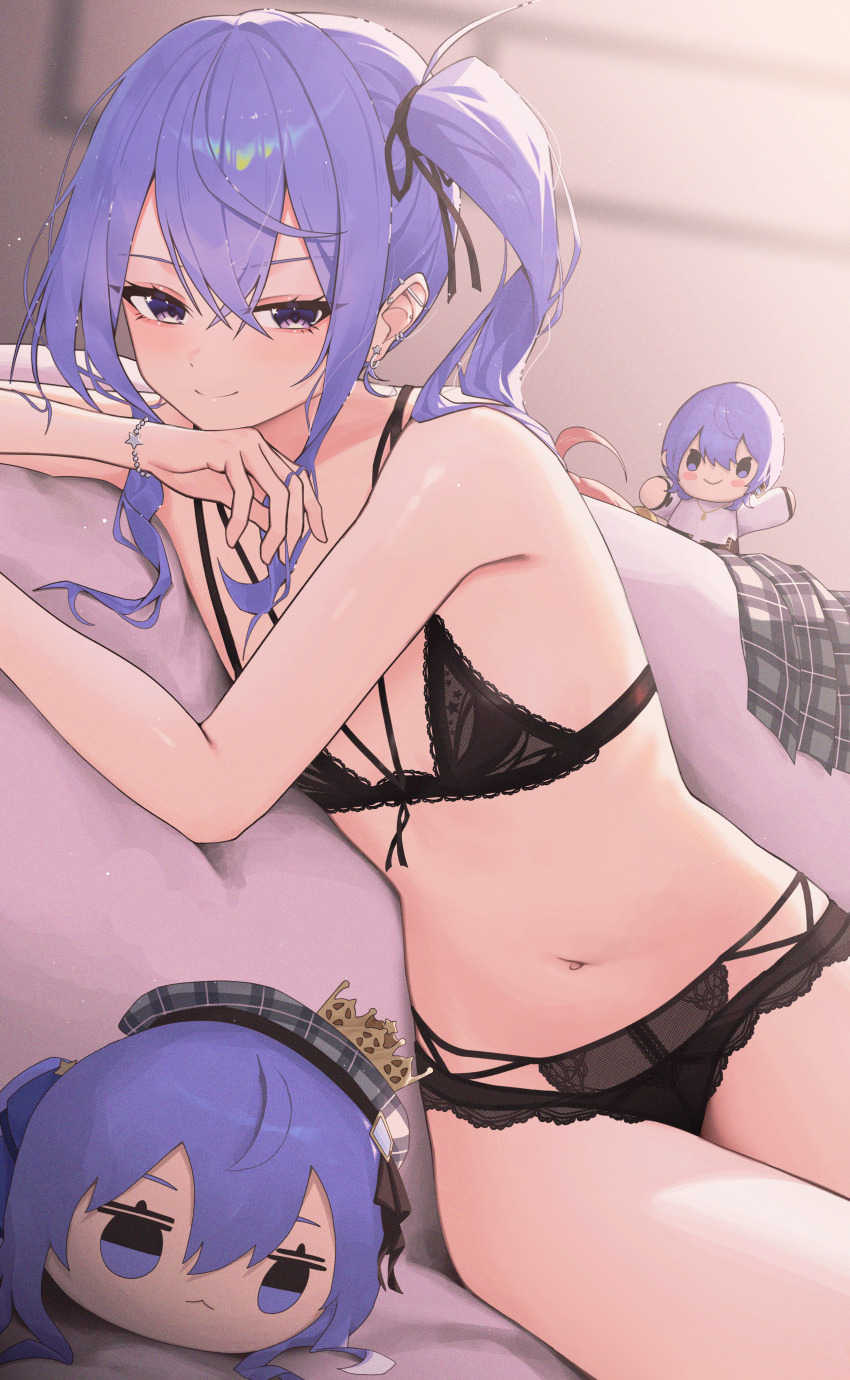 1girl absurdres ahoge barbell_piercing bare_arms bare_legs bare_shoulders bead_bracelet beads black_bra black_panties blue_hair bra bracelet breasts clothing_aside couch cowboy_shot crossed_bangs dot_nose double-parted_bangs ear_piercing hair_between_eyes hair_tie hand_in_own_hair high_side_ponytail highres hololive hoshimachi_suisei industrial_piercing jewelry light_particles lingerie looking_at_viewer medium_hair midriff navel panties piercing purple_eyes sitting small_breasts smile solo stomach stuffed_toy symbol_in_eye underwear virtual_youtuber yozora_(1wkdgusdn)