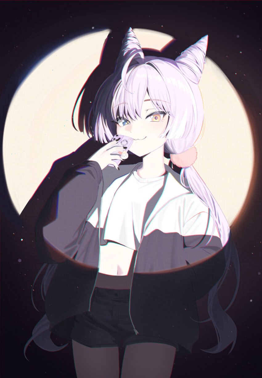 1girl :3 absurdres ahoge black_nails black_shorts blue_eyes cellphone cellphone_charm character_charm character_name charm_(object) closed_mouth commentary_request cone_hair_bun cowboy_shot crop_top cropped_shirt double_bun hair_bun hair_intakes hair_ornament hand_in_pocket hand_up heterochromia highres holding holding_phone huhe_01 inari_(tenko_shibuki) jacket korean_commentary long_hair long_sleeves looking_at_viewer midriff multicolored_jacket navel open_clothes open_jacket orange_eyes phone pom_pom_(clothes) pom_pom_hair_ornament purple_hair purple_pupils shirt short_shorts shorts smartphone smile solo spotlight standing stellive t-shirt tenko_shibuki twintails two-tone_jacket very_long_hair virtual_youtuber white_shirt yellow_pupils