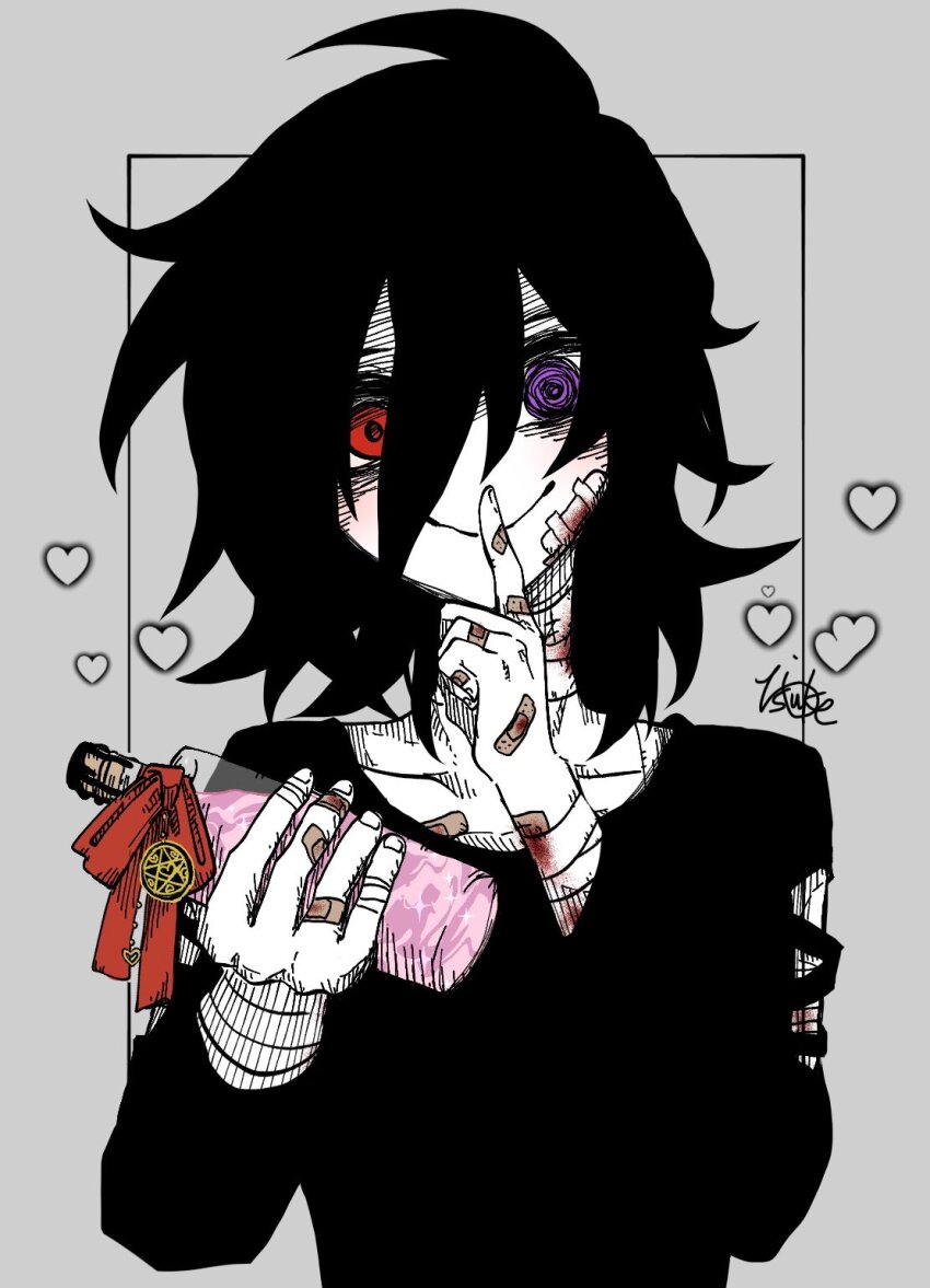 1boy @_@ bandaged_arm bandages bandaid bandaid_on_chest bandaid_on_finger bandaid_on_hand black_hair black_shirt blood blood_on_face bottle closed_mouth collarbone commentary crazy_eyes crazy_smile finger_to_mouth gauze gauze_on_cheek grey_background hatching_(texture) heart heterochromia highres holding holding_bottle looking_at_viewer male_focus messy_hair red_ribbon ribbon sekai_yusuke shirt short_hair signature smile solo star_(symbol) straight-on symbol-only_commentary torn_clothes torn_shirt upper_body yandere