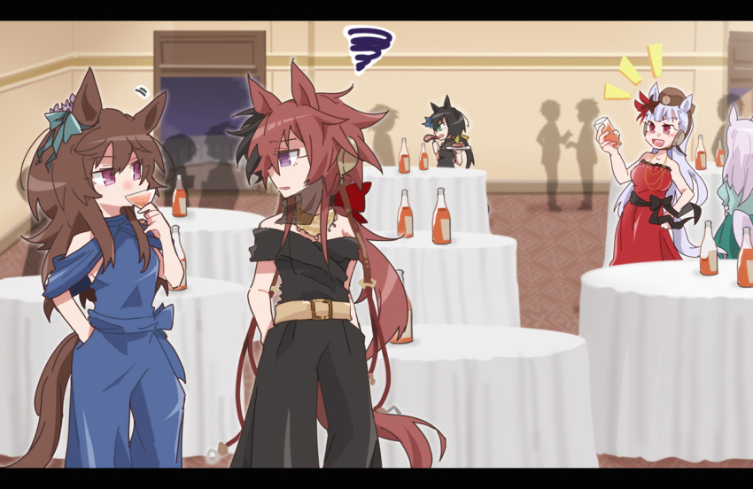 5girls :d animal_ears beer_hsk belt belt_buckle black_dress black_hair black_pants black_shirt blue_shirt bottle brown_belt brown_hair brown_hat buckle cocktail_glass commentary_request cup dress drinking_glass ear_covers food fork gold_ship_(umamusume) green_eyes green_shirt green_skirt grey_hair hair_between_eyes hat holding holding_cup holding_fork holding_plate horse_ears horse_girl horse_tail indoors kin'iro_ryotei_(umamusume) letterboxed mejiro_mcqueen_(umamusume) mini_hat motion_lines multiple_girls nakayama_festa_(umamusume) notice_lines open_mouth orfevre_(old_design)_(umamusume) pants people plate purple_eyes purple_hair red_dress red_eyes shirt silhouette skirt smile squiggle steak strapless strapless_dress table tail umamusume