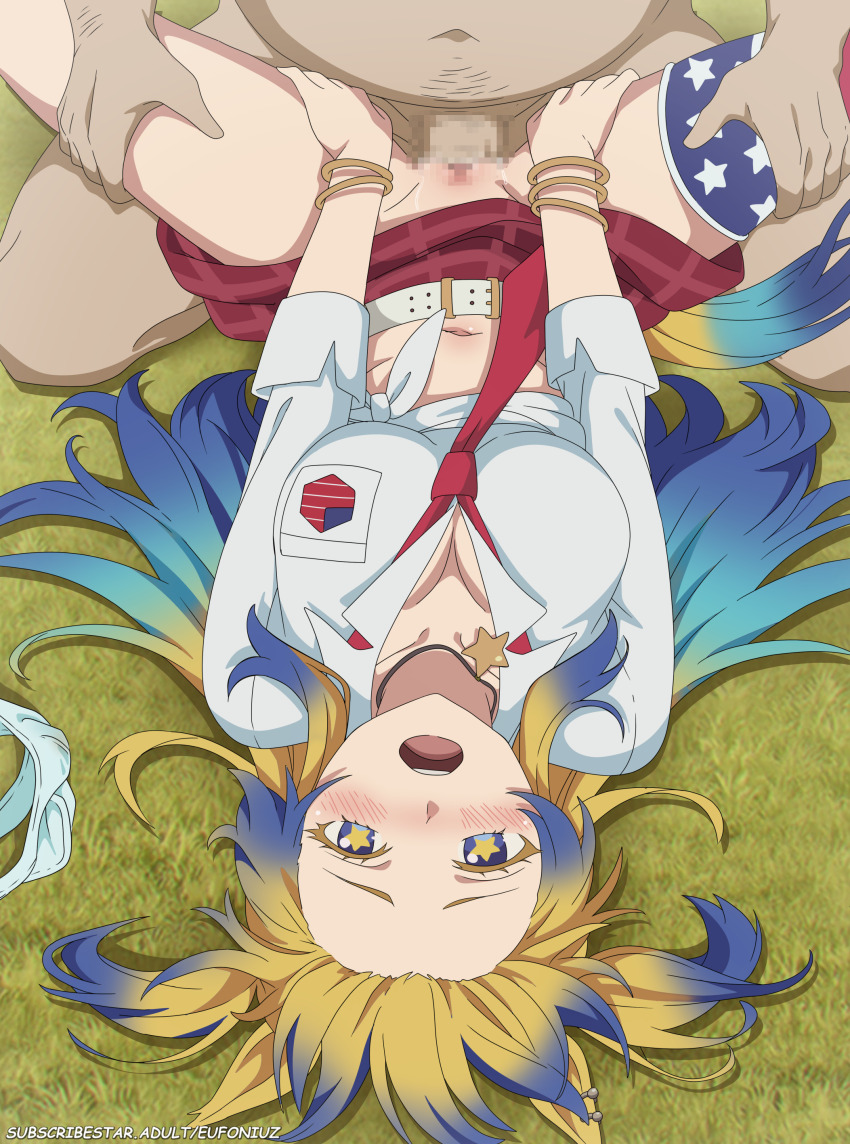 1boy 1girl absurdres animal_ears belt blonde_hair blue_hair blush breasts censored cleavage clothed_female_nude_male collarbone commentary_request eufoniuz gradient_hair hetero highres horse_ears horse_girl horse_tail large_breasts long_sleeves lying miniskirt missionary mosaic_censoring multicolored_hair navel necktie no_panties nude obey_your_master_(umamusume) on_back on_grass open_mouth panties penis plaid_clothes plaid_skirt pussy red_necktie red_skirt sex skirt spread_legs star-shaped_pupils star_(symbol) subscribestar_username symbol-shaped_pupils tail teeth umamusume umamusume:_cinderella_gray underwear unworn_panties upper_teeth_only watermark web_address white_belt white_panties