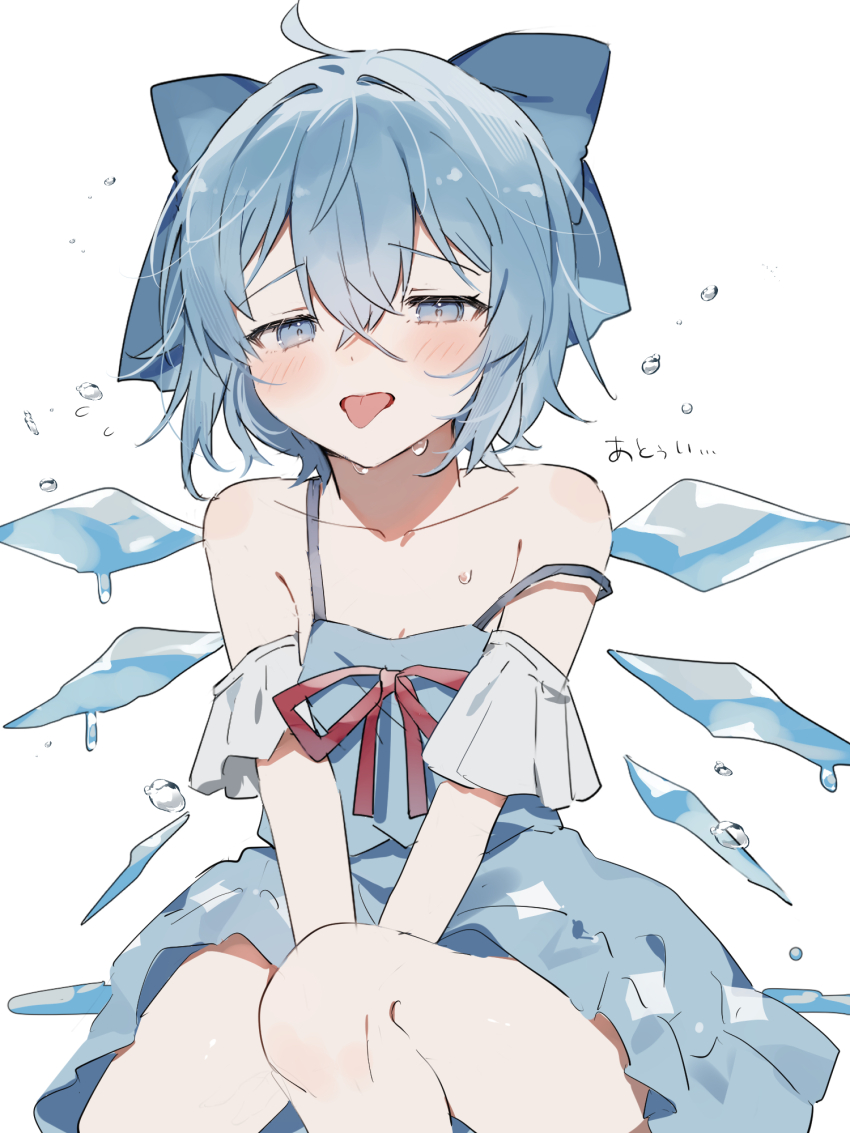 1girl adapted_costume ahoge blue_bow blue_dress blue_eyes blue_hair bow cirno collarbone crossed_bangs dress flying_sweatdrops hair_between_eyes hair_bow highres hot ice ice_wings red_ribbon ribbon short_hair simple_background sitting solo sorani_(kaeru0768) strap_slip sweat tongue tongue_out touhou white_background wings