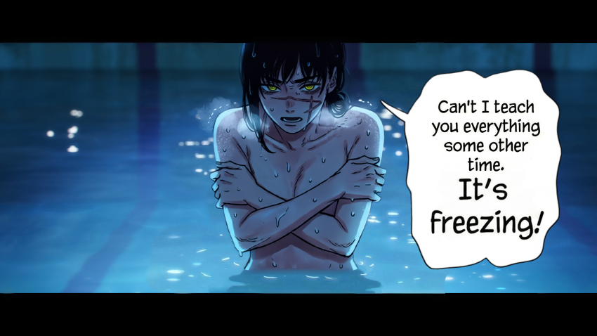 1girl bare_shoulders black_hair breasts breath chainsaw_man cleavage collarbone commentary covered_erect_nipples covering_privates crossed_arms english_commentary english_text highres i'll_teach_you_everything_(chainsaw_man) icepowered medium_breasts mitaka_asa nude partially_submerged pool scar scar_on_face scene_reference shaking short_hair speech_bubble topless_female trembling water yellow_eyes yoru_(chainsaw_man)