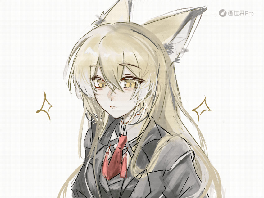 1girl animal_ears animated animated_gif arknights black_jacket blinking blonde_hair chinese_commentary closed_mouth commentary_request crossed_bangs expressionless hair_between_eyes jacket lapels long_hair looking_at_viewer multicolored_hair necktie portrait red_necktie simple_background solo sparkle streaked_hair vulpisfoglia_(arknights) watermark white_background white_hair yellow_eyes yongbaoyueliang