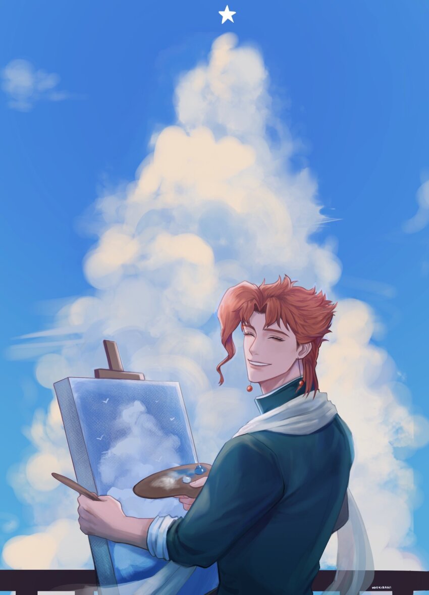 1boy blue_sky cloud commentary cumulonimbus_cloud earrings english_commentary facing_viewer grin highres jewelry jojo_no_kimyou_na_bouken kakyoin_noriaki kookirani long_sleeves looking_at_viewer male_focus outdoors painting_(action) railing red_hair short_hair sky smile solo stardust_crusaders