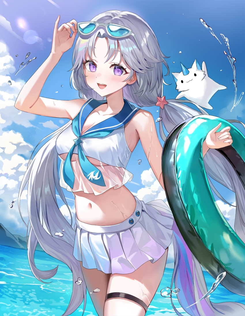 1girl absurdres arnyang_(ayatsuno_yuni) ayatsuno_yuni blue_neckerchief breasts cleavage cloud collarbone cowboy_shot crop_top crop_top_overhang frills gradient_hair grey_hair hair_ornament hashtag-only_commentary highres holding holding_swim_ring horse_tail innertube lens_flare long_hair low_twintails multicolored_hair navel neckerchief ocean open_mouth outdoors pleated_skirt purple_eyes see-through_clothes skirt sky sl86 starfish_hair_ornament stellive sunglasses swim_ring tail thigh_strap twintails underboob very_long_hair virtual_youtuber water white_skirt