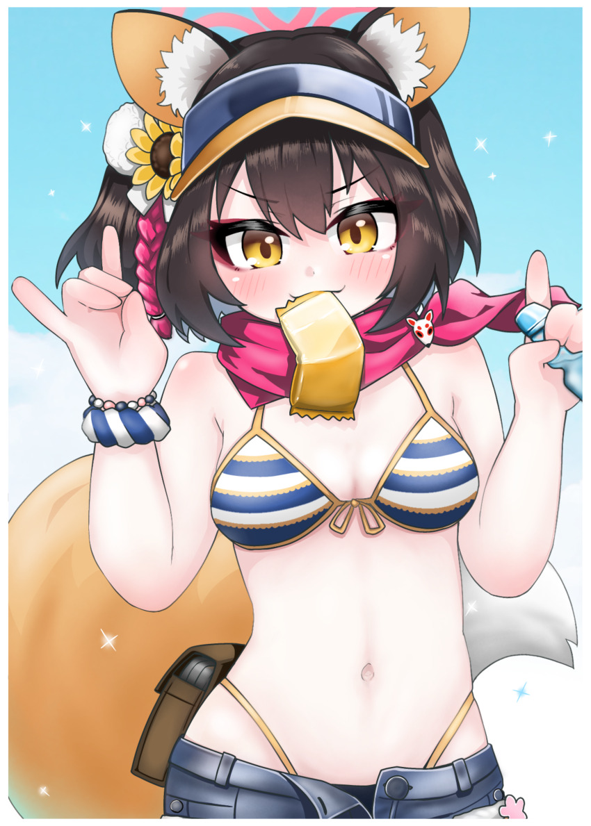 1girl absurdres animal_ear_fluff animal_ears bikini blue_archive blue_bikini blue_shorts blush breasts brown_hair closed_mouth commentary_request cowboy_shot double_fox_shadow_puppet fox_ears fox_girl fox_shadow_puppet fox_tail halo highleg highleg_bikini highres izuna_(blue_archive) izuna_(swimsuit)_(blue_archive) looking_at_viewer medium_breasts mouth_hold navel official_alternate_costume one_side_up open_clothes open_shorts pink_halo pink_scarf scarf shorts solo striped_bikini striped_clothes swimsuit tail tomimon v-shaped_eyebrows visor_cap yellow_eyes