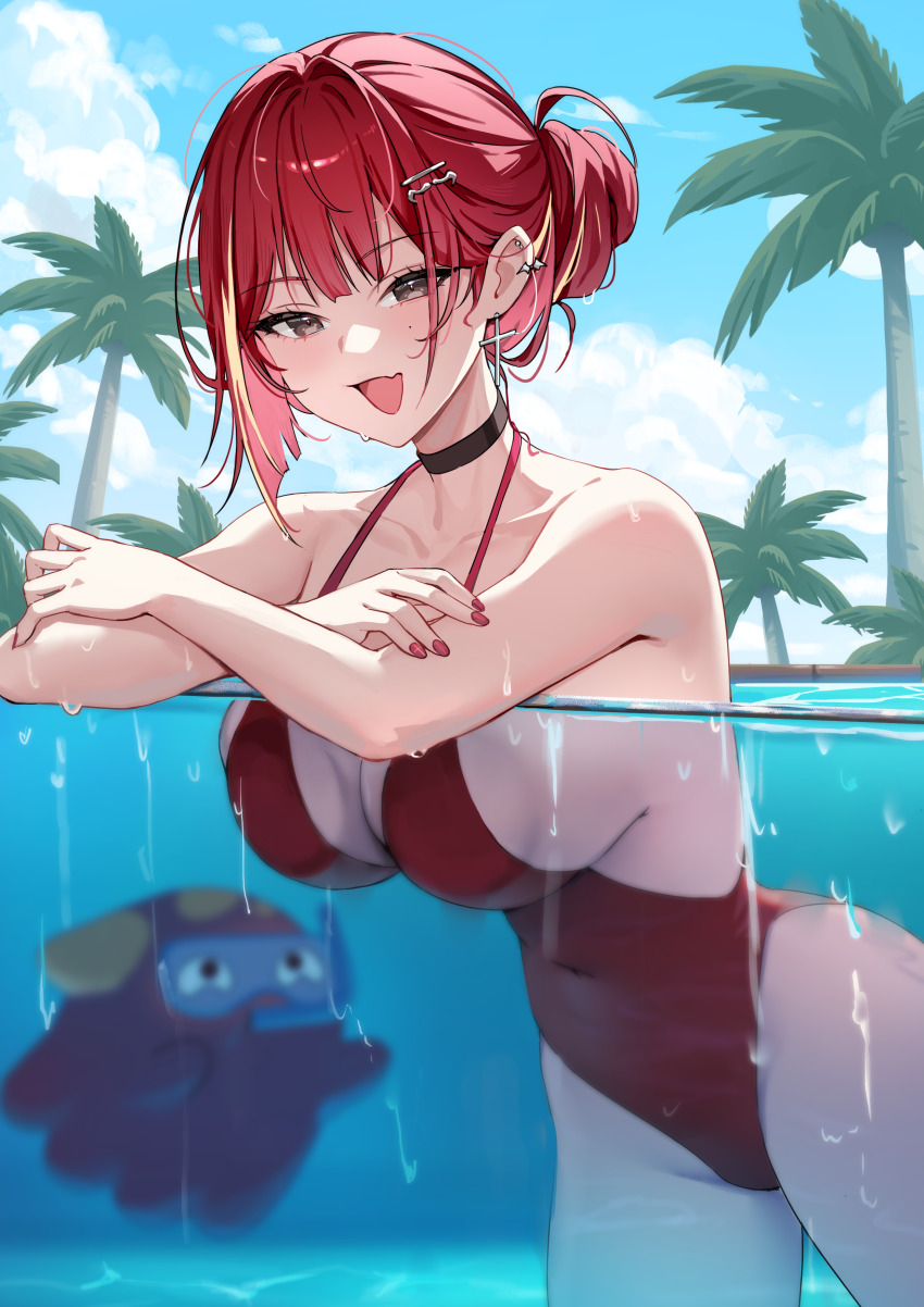 1girl absurdres akane_lize bare_arms bare_shoulders black_choker breasts brown_eyes choker cleavage commentary covered_navel cross cross_earrings earrings fang hair_bun hair_ornament hairclip halterneck highleg highleg_one-piece_swimsuit highres jewelry large_breasts long_hair looking_at_viewer mole mole_on_cheek multicolored_hair nail_polish one-piece_swimsuit open_mouth outdoors palm_tree partially_submerged partially_underwater_shot picter pienna_(akane_lize) red_hair red_nails red_one-piece_swimsuit sideboob smile solo stellive streaked_hair swimsuit thighs tree virtual_youtuber wet