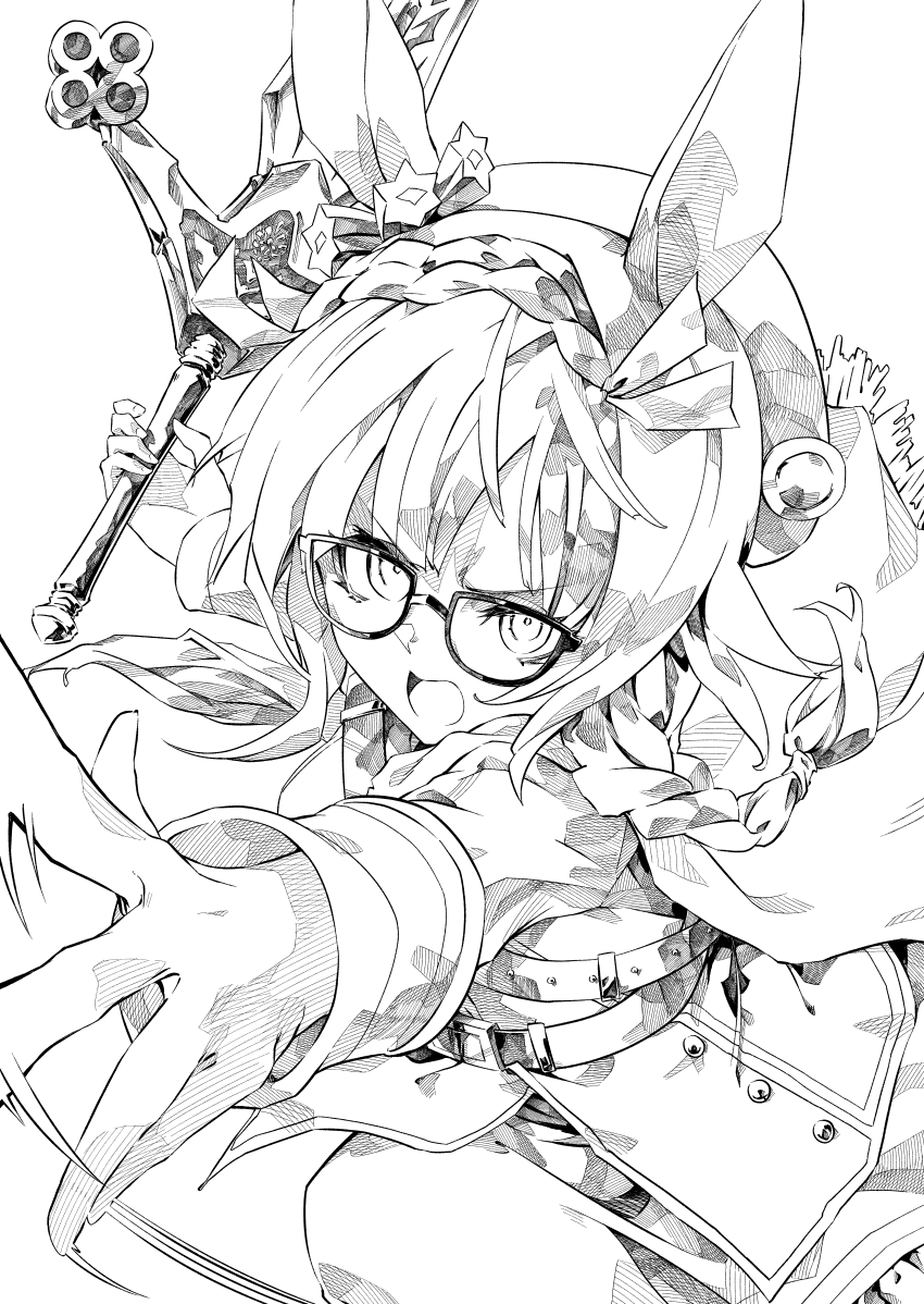 1girl absurdres animal_ears braid claymore_(sword) commentary commission cowboy_shot crown_braid ear_ornament glasses greyscale hair_ribbon hasukurira highres holding holding_sword holding_weapon horse_ears horse_girl jacket leather_belt long_sleeves military_jacket monochrome pixiv_commission ribbon scarf simple_background solo sword umamusume weapon white_ribbon zenno_rob_roy_(umamusume)
