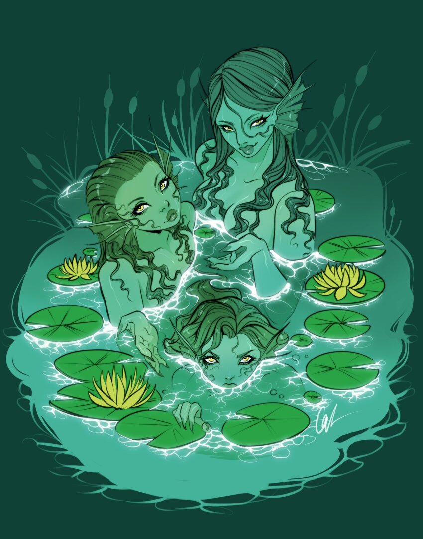 3girls cattail colored_skin commentary english_commentary fins flower green_skin green_theme head_fins highres lily_pad looking_back medium_hair messy_hair missupacey monster_girl multiple_girls mythological_creature original partially_submerged plant siren_(mythology) water water_lily_flower yellow_eyes