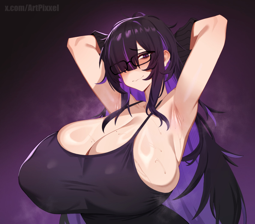 1girl armpits arms_up bags_under_eyes black-framed_eyewear black_dress black_hair blush breasts cleavage colored_inner_hair commentary dress english_commentary glasses goddess_of_victory:_nikke hair_over_one_eye highres huge_breasts label_(nikke) long_hair looking_at_viewer messy_hair mole mole_on_breast multicolored_hair nervous_smile pixxel purple_eyes purple_hair ring_light_reflection smile steaming_body sweat taut_clothes taut_dress two-tone_hair upper_body very_long_hair wavy_mouth
