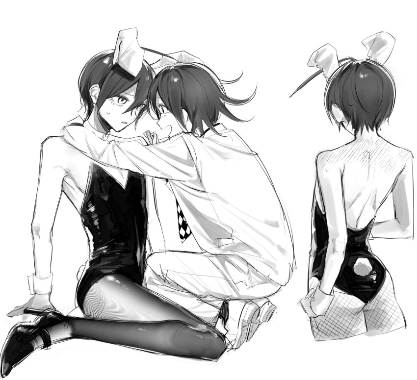 2boys :d animal_ears ass bare_shoulders danganronpa_(series) danganronpa_v3:_killing_harmony eye_contact fake_animal_ears fake_tail highres jacket leotard looking_at_another male_focus male_playboy_bunny multiple_boys nemari_(nemaru_0907) oma_kokichi open_mouth pantyhose rabbit_ears rabbit_tail saihara_shuichi smile tail