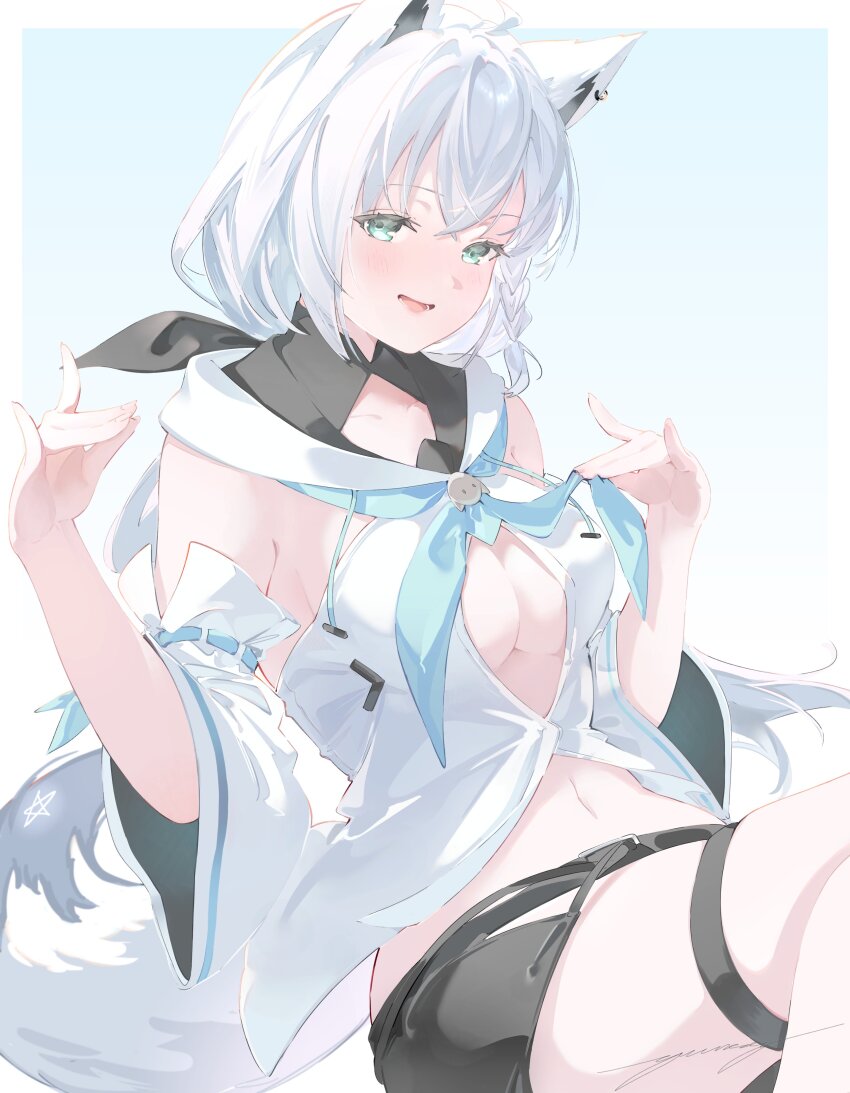 absurdres animal_ears fox_ears fox_girl fox_tail highres hololive pentagram shirakami_fubuki shirakami_fubuki_(1st_costume) tail virtual_youtuber white_hair yuu_naay