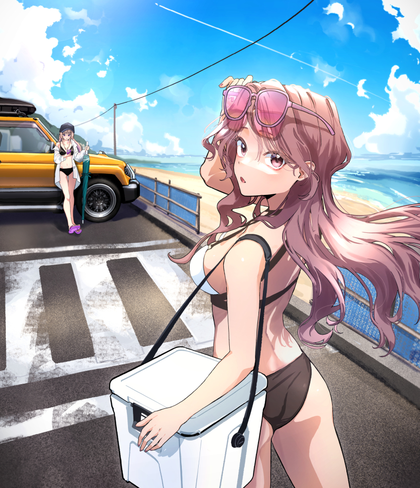 2girls baseball_cap beach_umbrella bikini black_bikini black_hat brown_hair car cellphone cloud cloudy_sky commentary_request cooler eyewear_on_head hand_on_own_head hat highres holding holding_phone long_hair looking_at_viewer motor_vehicle multiple_girls open_mouth original phone sandals sky smartphone sunglasses swimsuit umbrella yellow_car you'a