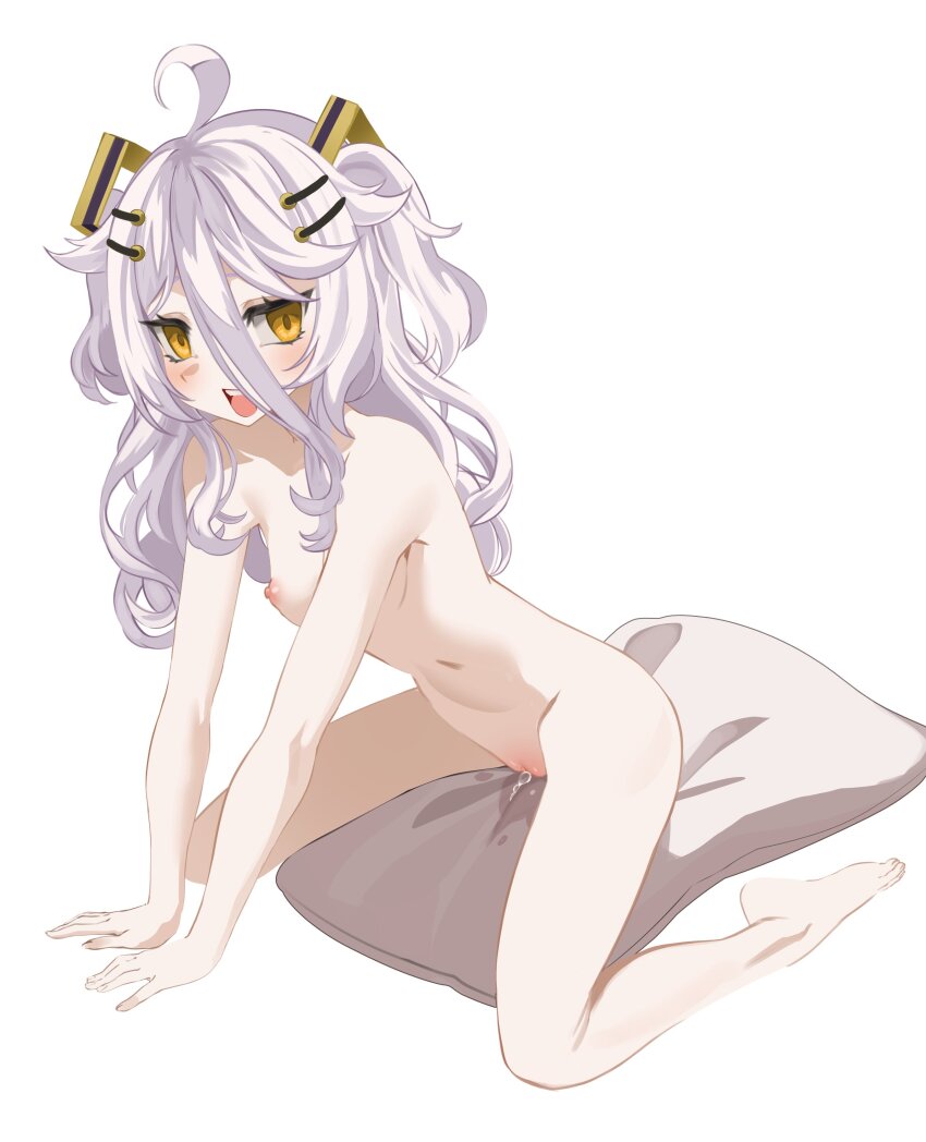 1girl :d absurdres ahoge artselmetti barefoot commission completely_nude crotch_rub female_masturbation flat_chest full_body grey_hair hair_between_eyes hair_ornament hairclip henya_the_genius highres indie_virtual_youtuber loli long_hair long_hair_between_eyes looking_at_viewer masturbation navel nipples nude open_mouth pillow_humping pussy pussy_juice pussy_juice_stain sidelocks simple_background sitting smile solo stomach teeth two_side_up upper_teeth_only virtual_youtuber white_background yellow_eyes