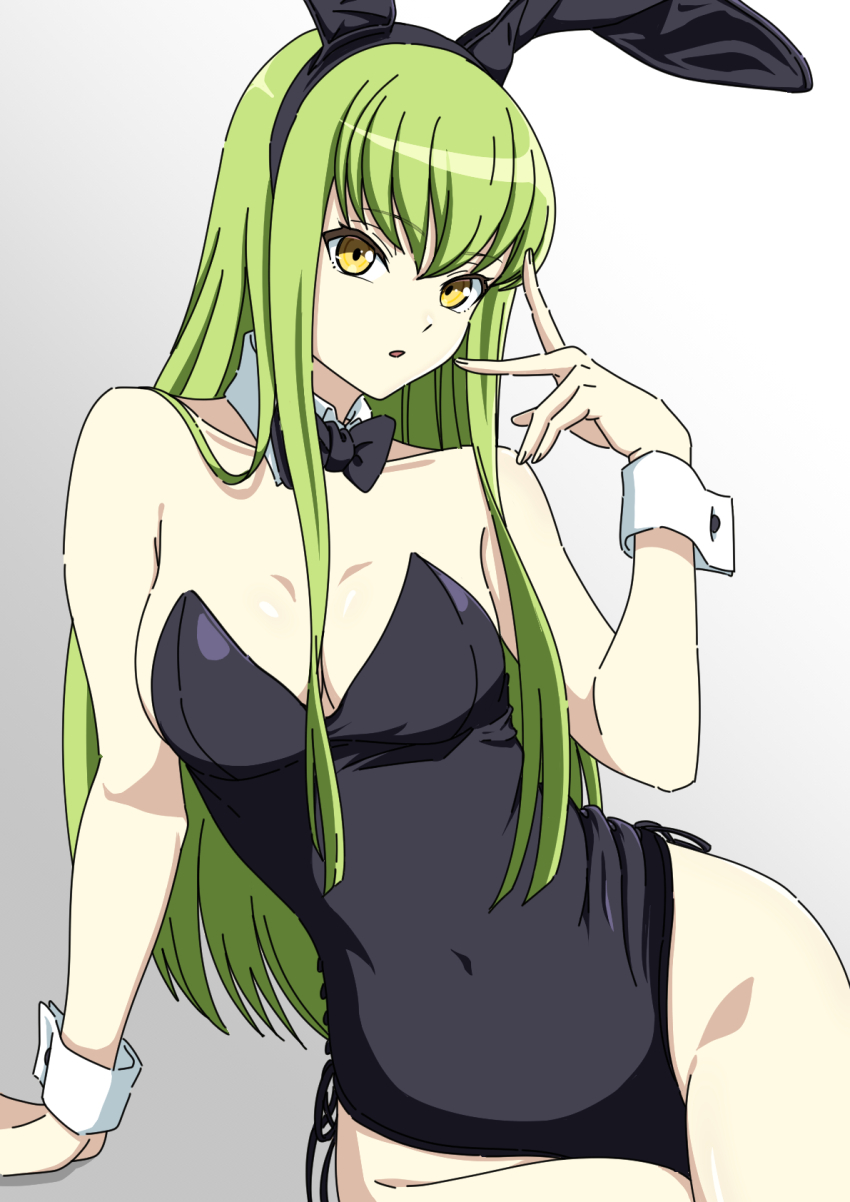 animal_ear_hairband animal_ears bakenokawa bikini black_bow black_bowtie black_leotard bow bowtie breasts c.c. code_geass covered_navel detached_collar fake_animal_ears green_hair hairband highres leotard long_hair medium_breasts pantyhose playboy_bunny rabbit_ears side-tie_bikini_bottom side-tie_leotard strapless strapless_leotard swimsuit wrist_cuffs yellow_eyes