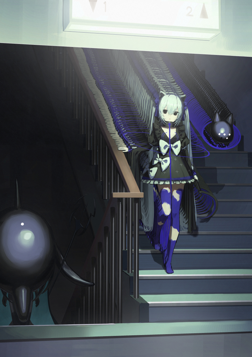 1girl absurdres animal_ears black_dress bow creature dress frills grey_hair hair_between_eyes highres long_sleeves looking_at_viewer open_mouth original stairs tokaki twintails what white_bow