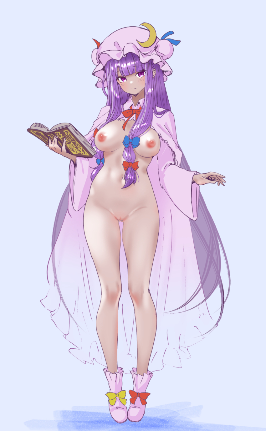 1girl alternate_skin_color blue_bow blush book bow breasts cape commentary_request crescent crescent_hat_ornament dark-skinned_female dark_skin footwear_bow frilled_hat frills full_body hair_bow hat hat_ornament highres holding holding_book large_breasts light_smile long_hair long_sidelocks looking_at_viewer mob_cap naked_cape nipples nude patchouli_knowledge pink_cape pink_hat pink_shoes purple_eyes purple_hair pussy red_bow shoes sidelocks simple_background soara_shimomo solo straight_hair touhou very_long_hair
