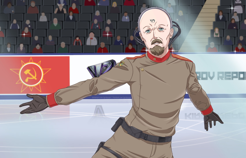 1boy aqua_eyes artist_name bald beard belt belt_pouch black_gloves brown_pants brown_shirt cable command_&amp;_conquer command_&amp;_conquer:_red_alert command_&amp;_conquer:_red_alert_2 commentary cowboy_shot deviantart_username emblem english_commentary epaulettes facebook_username facial_hair gardavwar gloves grin headgear highres ice_skates katsuki_yuuri long_sleeves looking_at_viewer male_focus mature_male military military_uniform name_connection pants parody pouch pun shirt skates smile solo_focus soviet standing tattoo teeth yuri!!!_on_ice yuri_(c&amp;c)