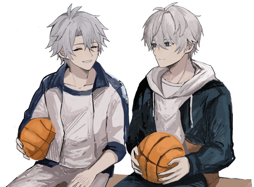 2boys antenna_hair asatya_ny ball basketball_(object) black_pants blue_eyes color_connection commentary_request company_connection hair_color_connection highres hino_satoshi holding holding_ball honkai:_star_rail honkai_(series) honkai_impact_3rd jacket kevin_kaslana male_focus multicolored_jacket multiple_boys pants phainon_(honkai:_star_rail) shirt short_hair simple_background sitting smile two-tone_jacket voice_actor_connection white_background white_hair white_pants white_shirt