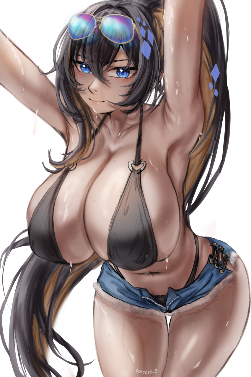 1girl absurdres alternate_breast_size_(larger) alternate_costume arms_up bikini black_bikini black_hair blonde_hair blue_eyes breasts collarbone colycycle commentary dark-skinned_female dark_skin english_commentary eyewear_on_head goddess_of_victory:_nikke hair_between_eyes high_ponytail highres huge_breasts long_hair micro_shorts multicolored_hair noise_(nikke) ponytail shorts solo sunglasses sweat swimsuit two-tone_hair very_long_hair